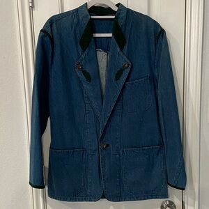 Blue Denim Blazer with Green Accents underarm to underarm 22 “ lenght 31 “